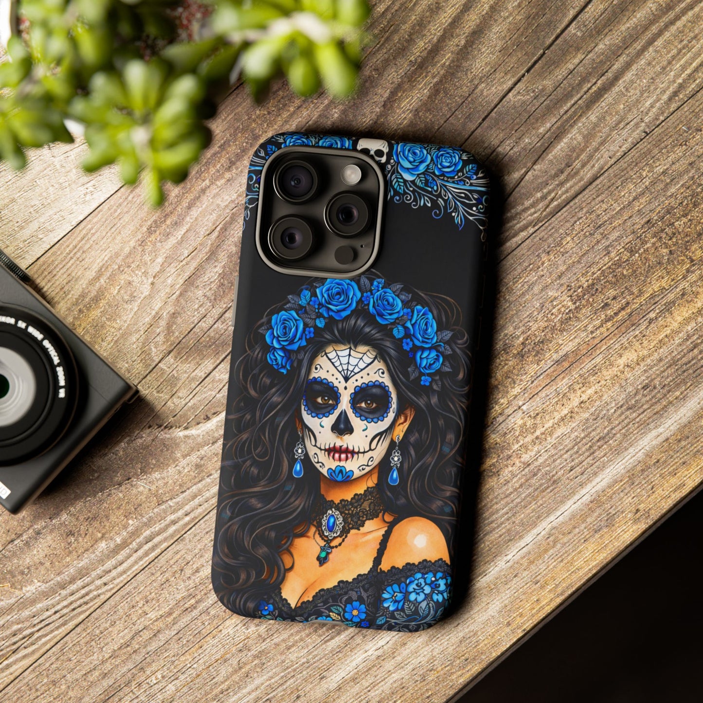 Blue Sugar Skull Woman Phone Case – Day of the Dead Aesthetic Tough Cover