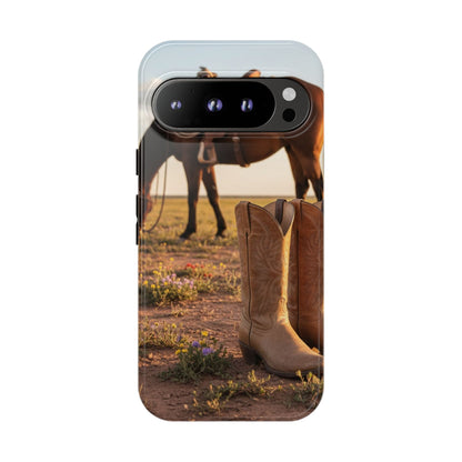 Western Cowboy Boots Phone Case – Rustic Horse Sunset Tough Case (iPhone, Samsung, Pixel)