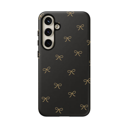 Black Phone Case with Gold Bow Pattern – Slim Protective Cute Aesthetic Cover for Iphone, Samsung Galaxy and Pixel
