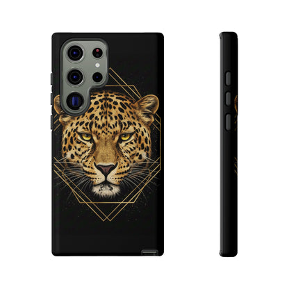 Leopard Head Geometric Phone Case – Black & Gold Luxe Tough Case