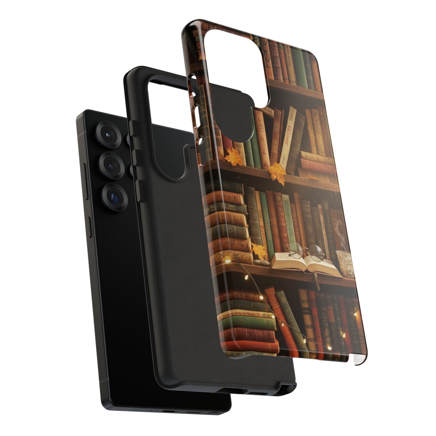Cozy Vintage Bookshelf Phone Case, Library Aesthetic Book Stack, Autumn Coffee Vibes (iPhone, Samsung, Pixel)