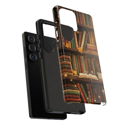 Cozy Vintage Bookshelf Phone Case, Library Aesthetic Book Stack, Autumn Coffee Vibes (iPhone, Samsung, Pixel)