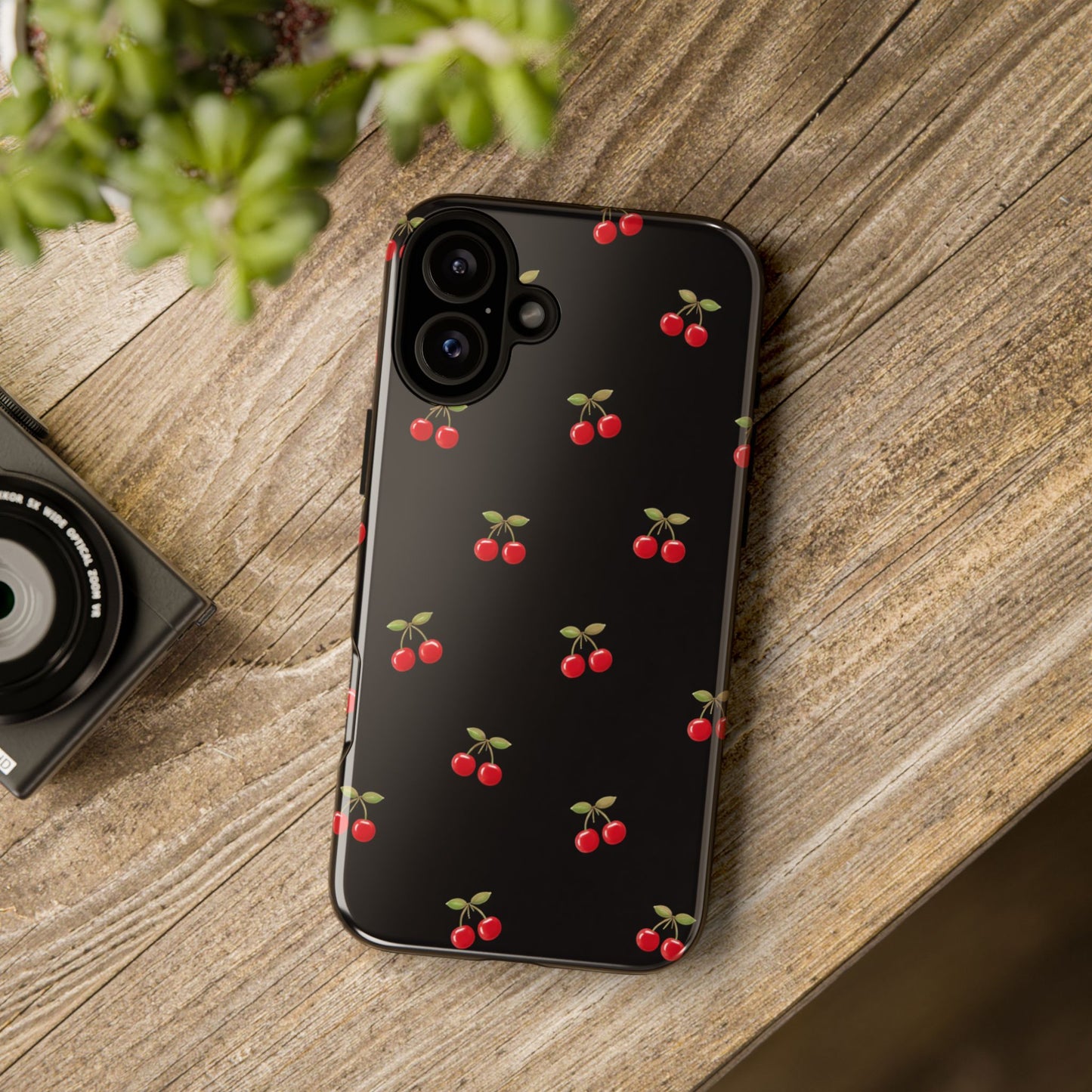 Cherry Pattern Phone Case — Slim Black Protective iPhone Case with Red Cherries for Iphone, Samsung Galaxy and Pixel