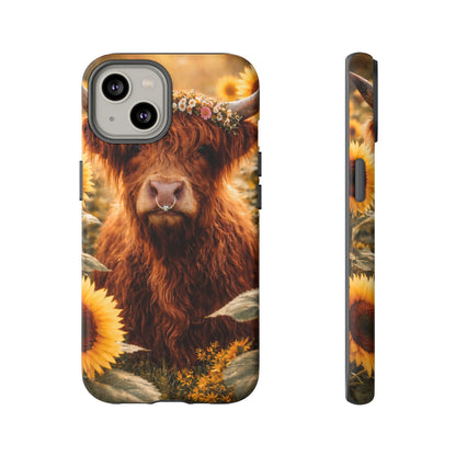 Highland Cow Sunflower Phone Case | Floral Farmhouse iPhone, Samsung Galaxy and Pixel Cover
