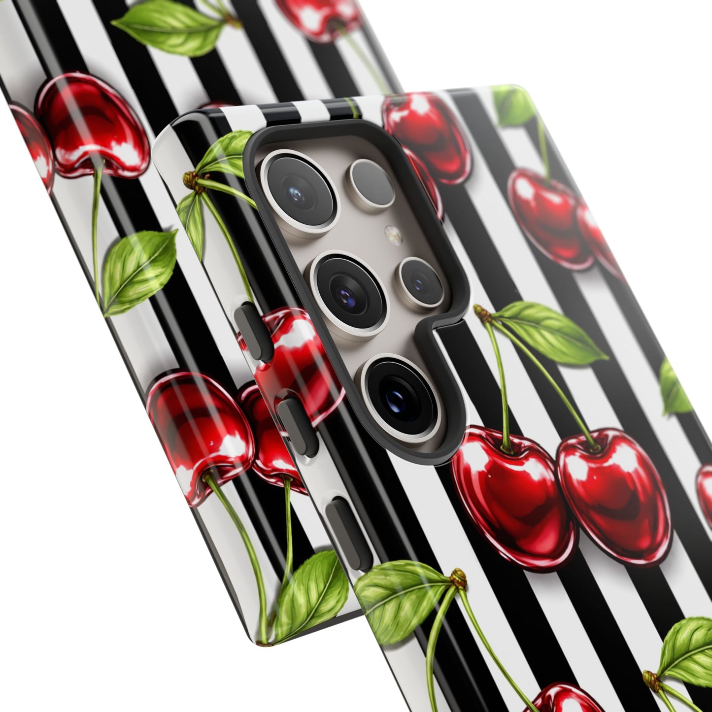 Cherry Pattern Phone Case Black White Stripe Retro Aesthetic Tough Cover