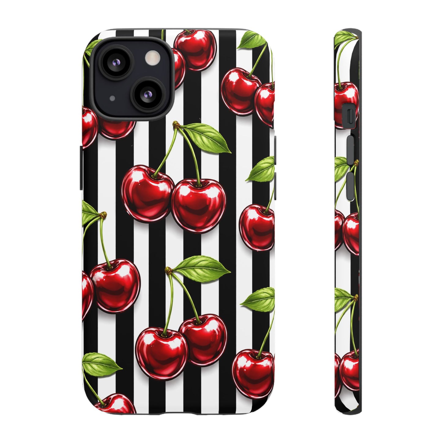 Cherry Pattern Phone Case Black White Stripe Retro Aesthetic Tough Cover