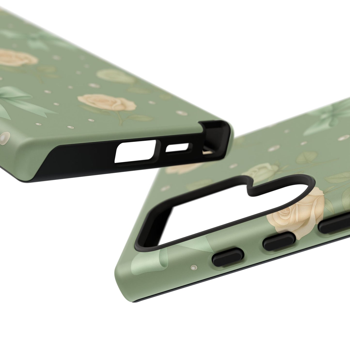 Vintage Rose Bow Phone Case – Sage Green Floral Coquette Aesthetic Tough Case (iPhone, Samsung, Pixel)