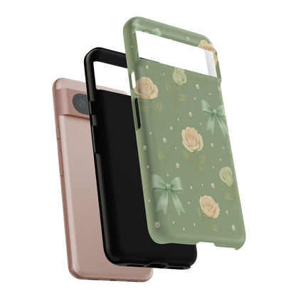 Vintage Rose Bow Phone Case – Sage Green Floral Coquette Aesthetic Tough Case (iPhone, Samsung, Pixel)