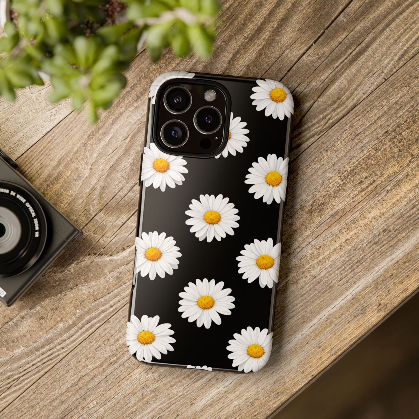 Black Daisy Floral Tough Phone Case – Cute Protective Cover for Iphone, Samsung Galaxy and Pixel