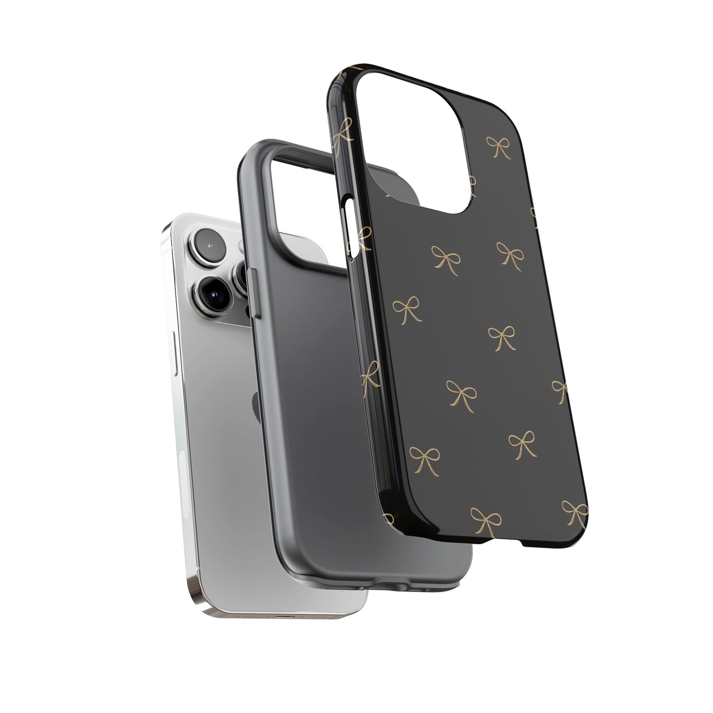 Black Phone Case with Gold Bow Pattern – Slim Protective Cute Aesthetic Cover for Iphone, Samsung Galaxy and Pixel