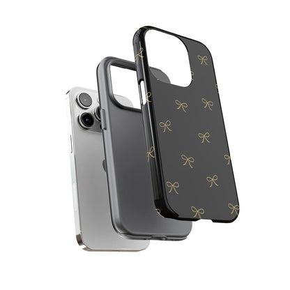 Black Phone Case with Gold Bow Pattern – Slim Protective Cute Aesthetic Cover for Iphone, Samsung Galaxy and Pixel