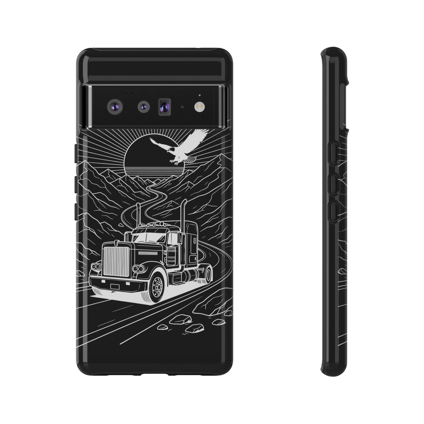 Trucker Highway Phone Case | Eagle & Mountain Line Art | Black Western Tough Case