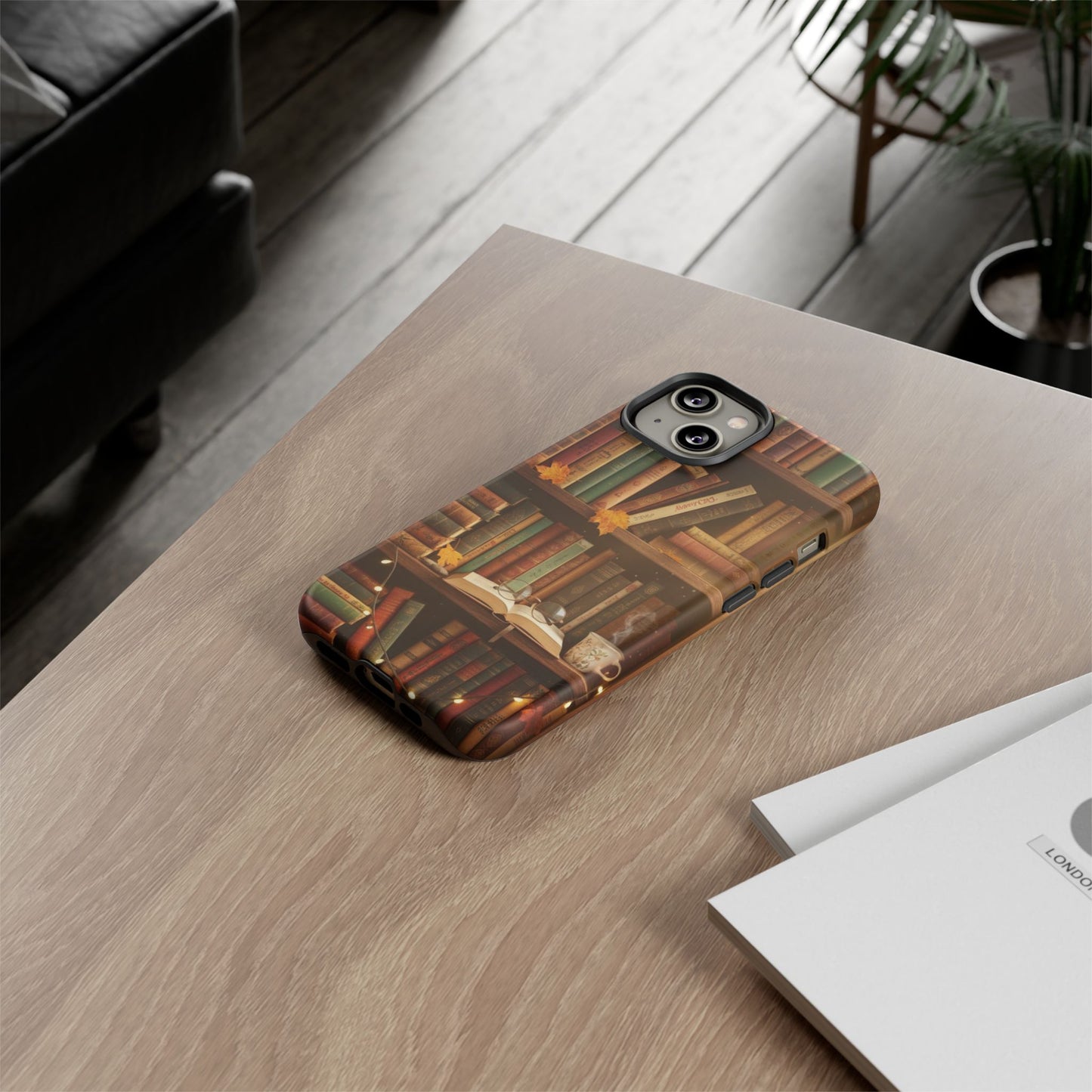 Cozy Vintage Bookshelf Phone Case, Library Aesthetic Book Stack, Autumn Coffee Vibes (iPhone, Samsung, Pixel)