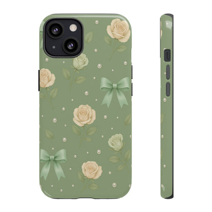 Vintage Rose Bow Phone Case – Sage Green Floral Coquette Aesthetic Tough Case (iPhone, Samsung, Pixel)