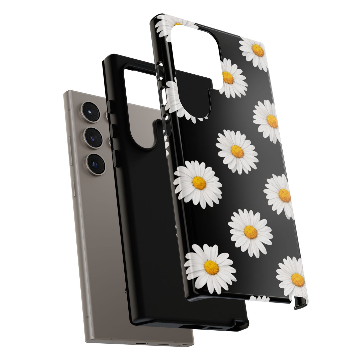 Black Daisy Floral Tough Phone Case – Cute Protective Cover for Iphone, Samsung Galaxy and Pixel