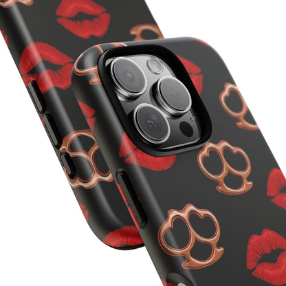 Red Lipstick & Knuckle Duster Phone Case | Bold Kiss Print Tough Protective Cover for Iphone, Samsung Galaxy and Pixel