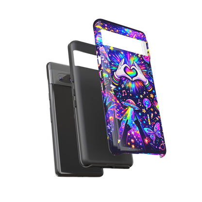 Rainbow Heart Hands Phone Case – Neon Galaxy EDM Festival Tough Cover