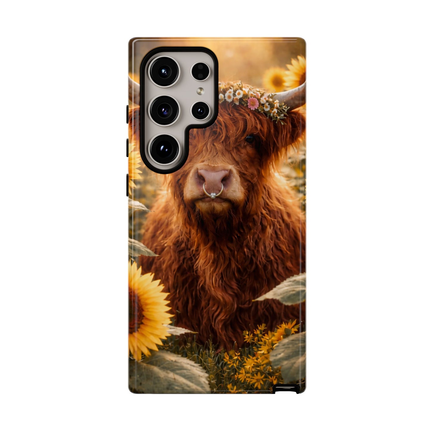 Highland Cow Sunflower Phone Case | Floral Farmhouse iPhone, Samsung Galaxy and Pixel Cover