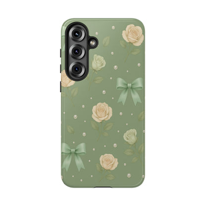 Vintage Rose Bow Phone Case – Sage Green Floral Coquette Aesthetic Tough Case (iPhone, Samsung, Pixel)