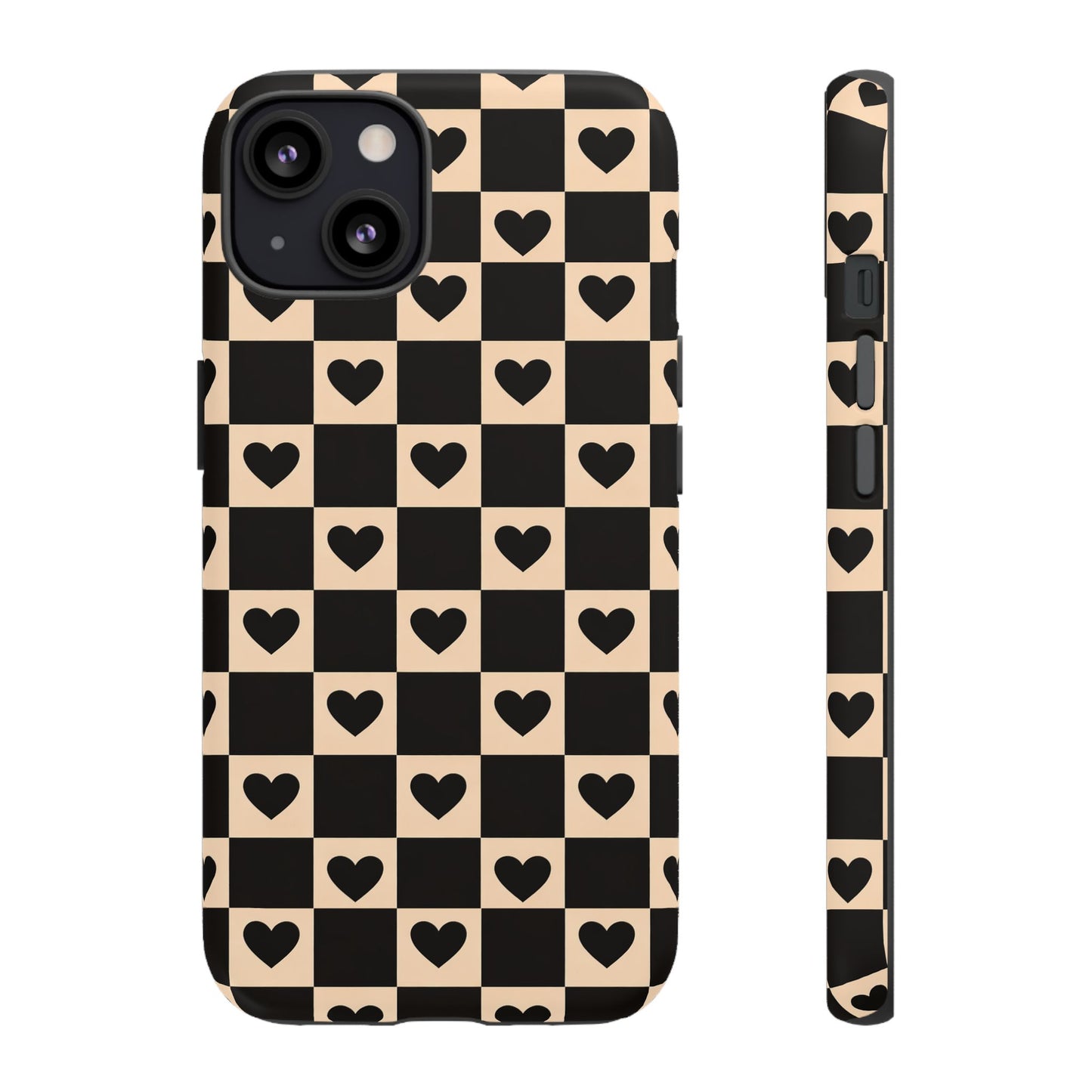 Checkerboard Heart Phone Case – Black & Beige Cute Aesthetic Protective Cover for Iphone, Samsung Galaxy and Pixel