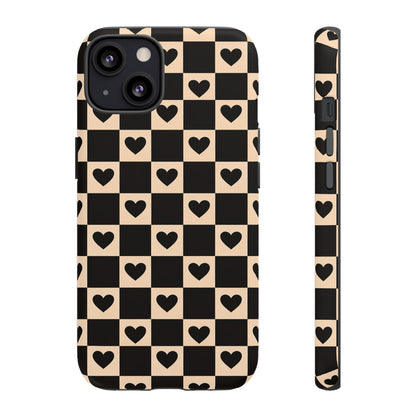 Checkerboard Heart Phone Case – Black & Beige Cute Aesthetic Protective Cover for Iphone, Samsung Galaxy and Pixel