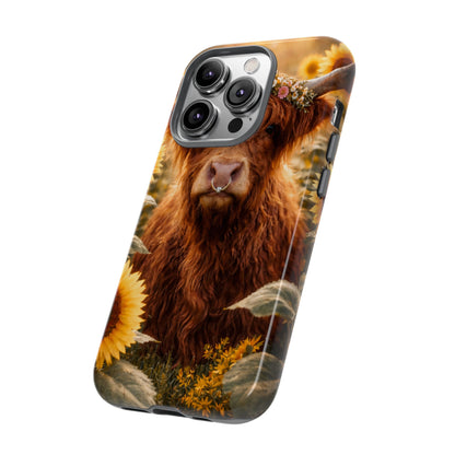Highland Cow Sunflower Phone Case | Floral Farmhouse iPhone, Samsung Galaxy and Pixel Cover