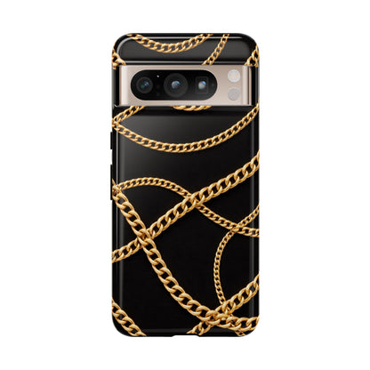 Luxury Gold Chain Phone Case – Black Designer Style Tough Protective Cover for Iphone, Samsung Galaxy and Pixel