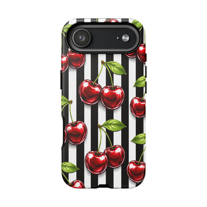 Cherry Pattern Phone Case Black White Stripe Retro Aesthetic Tough Cover
