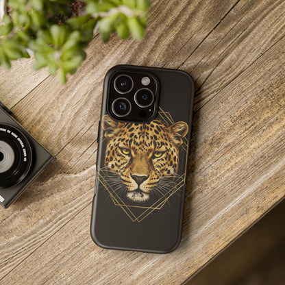 Leopard Head Geometric Phone Case – Black & Gold Luxe Tough Case