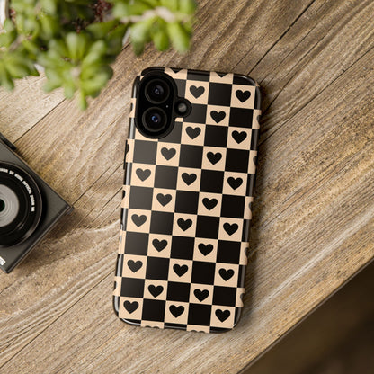 Checkerboard Heart Phone Case – Black & Beige Cute Aesthetic Protective Cover for Iphone, Samsung Galaxy and Pixel