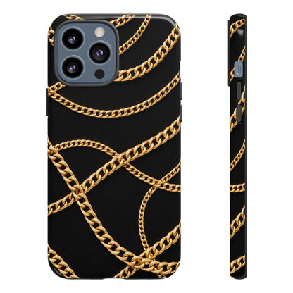 Luxury Gold Chain Phone Case – Black Designer Style Tough Protective Cover for Iphone, Samsung Galaxy and Pixel