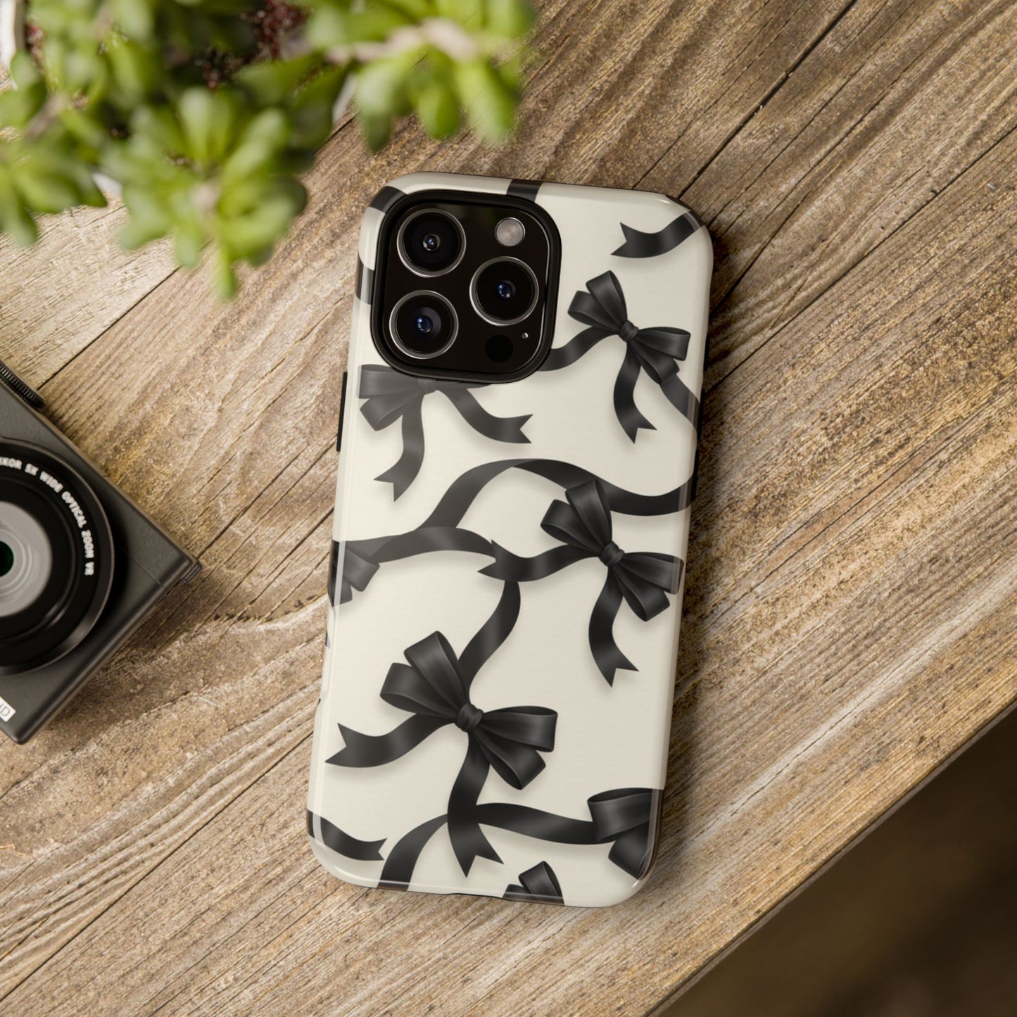 Black Ribbon Bow Phone Case, Minimal Bow Pattern Tough Protective Case