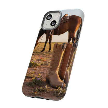Western Cowboy Boots Phone Case – Rustic Horse Sunset Tough Case (iPhone, Samsung, Pixel)