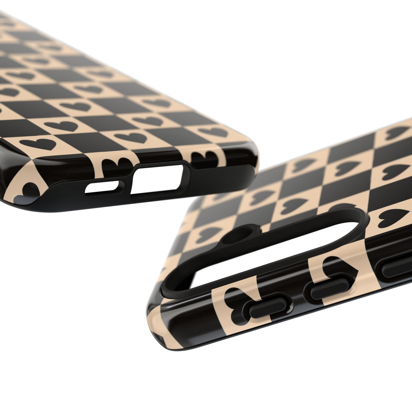 Checkerboard Heart Phone Case – Black & Beige Cute Aesthetic Protective Cover for Iphone, Samsung Galaxy and Pixel