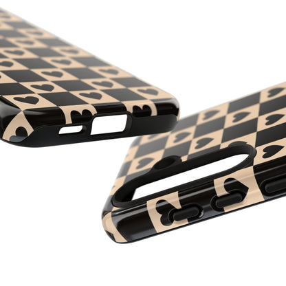 Checkerboard Heart Phone Case – Black & Beige Cute Aesthetic Protective Cover for Iphone, Samsung Galaxy and Pixel