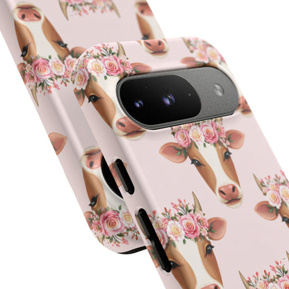 Floral Cow Phone Case – Cute Pink Cow Print Tough Protective Case for Iphone, Samsung Galaxy and Pixel