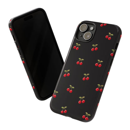 Cherry Pattern Phone Case — Slim Black Protective iPhone Case with Red Cherries for Iphone, Samsung Galaxy and Pixel