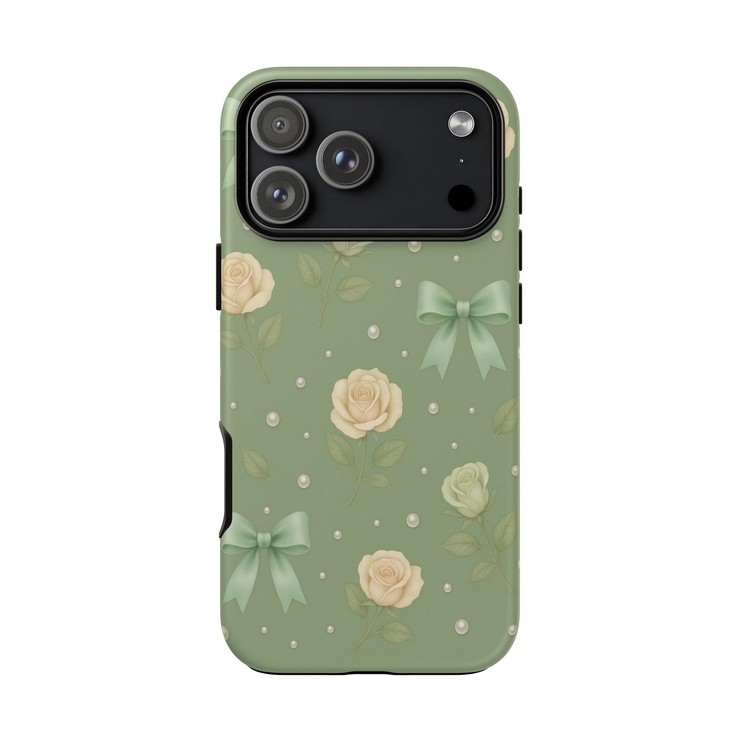 Vintage Rose Bow Phone Case – Sage Green Floral Coquette Aesthetic Tough Case (iPhone, Samsung, Pixel)