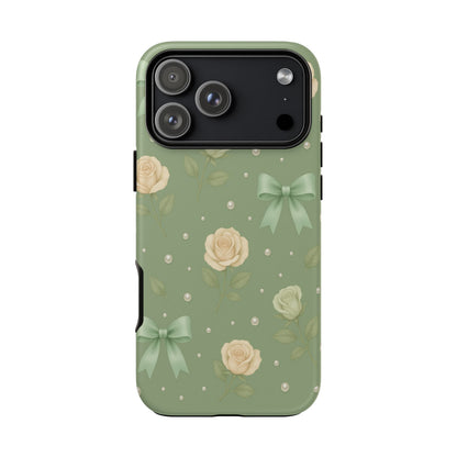 Vintage Rose Bow Phone Case – Sage Green Floral Coquette Aesthetic Tough Case (iPhone, Samsung, Pixel)