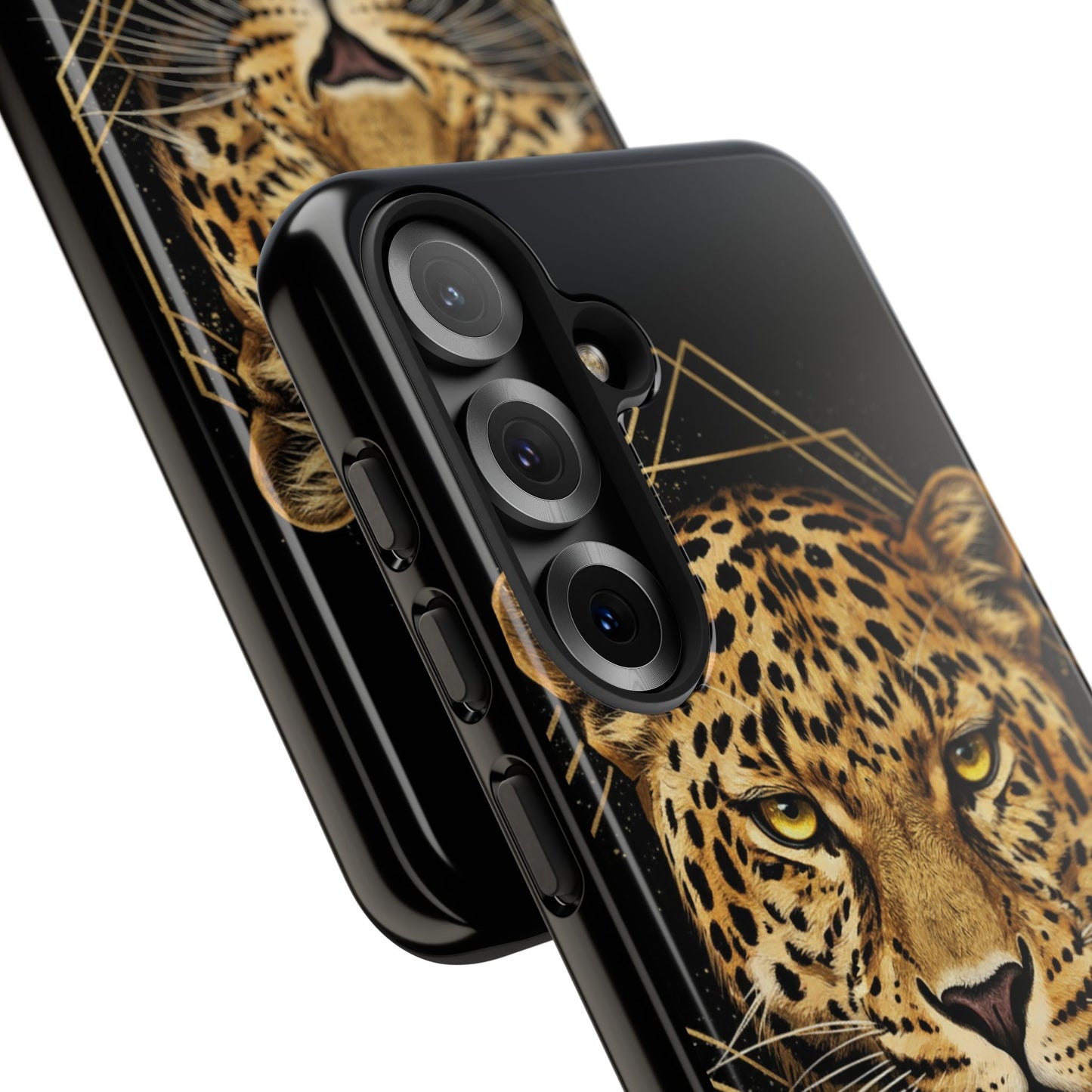 Leopard Head Geometric Phone Case – Black & Gold Luxe Tough Case