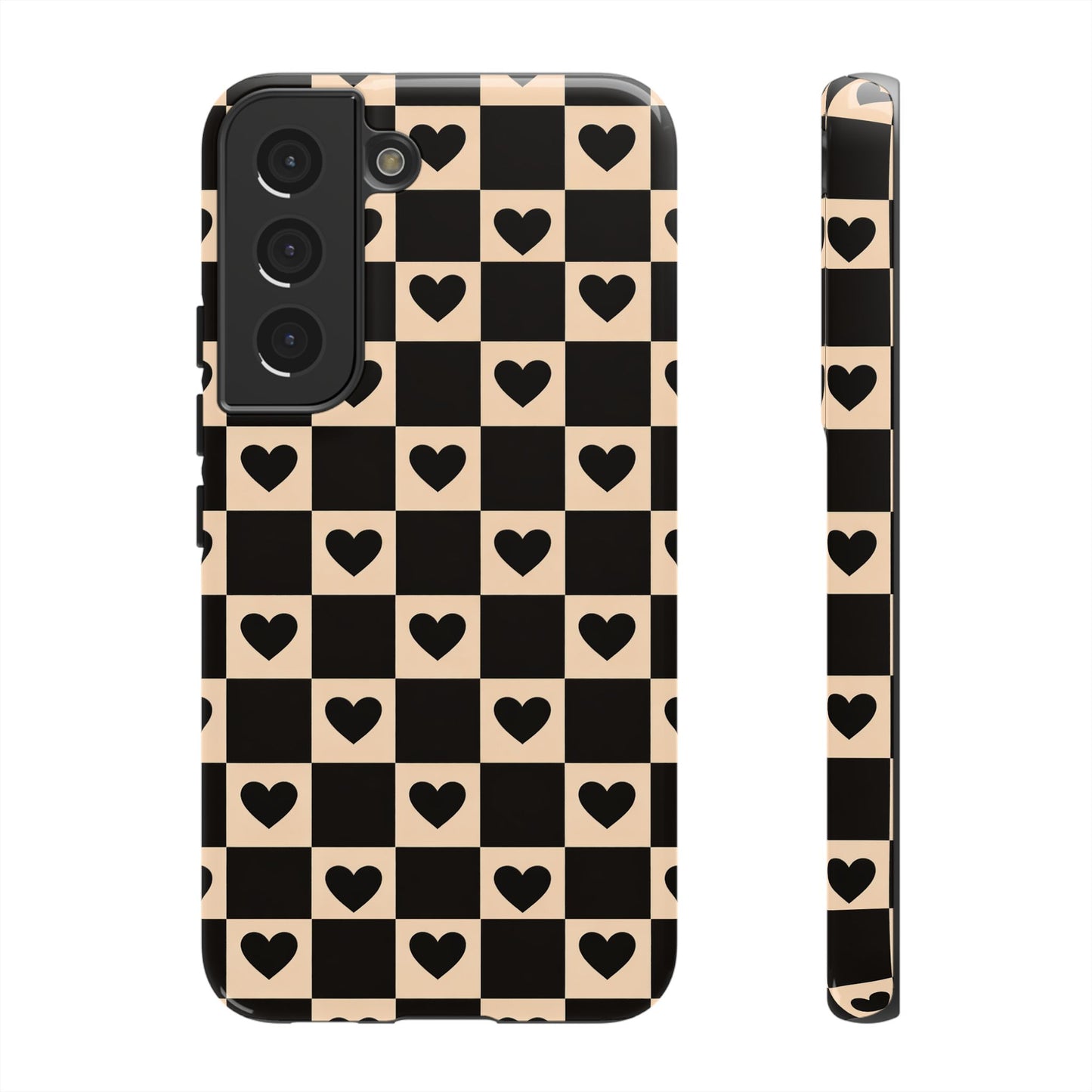 Checkerboard Heart Phone Case – Black & Beige Cute Aesthetic Protective Cover for Iphone, Samsung Galaxy and Pixel