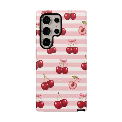 Coquette Cherry Bow Phone Case | Cute Pink Aesthetic Cherry Pattern Tough Case for iPhone & Samsung