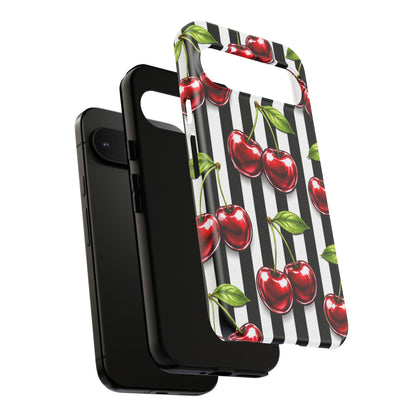 Cherry Pattern Phone Case Black White Stripe Retro Aesthetic Tough Cover