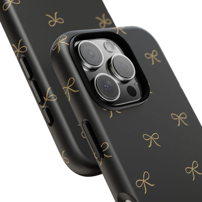 Black Phone Case with Gold Bow Pattern – Slim Protective Cute Aesthetic Cover for Iphone, Samsung Galaxy and Pixel