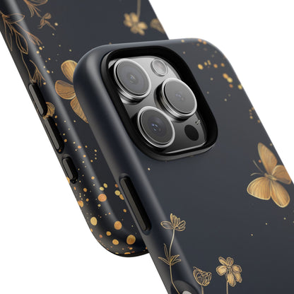 Gold Floral Butterfly Phone Case, Dark Aesthetic Botanical, Elegant Black Luxury iPhone Samsung Cover
