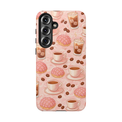 Cute Coffee & Pink Concha Phone Case – Coffee Lover Aesthetic Latte Pattern Tough Case