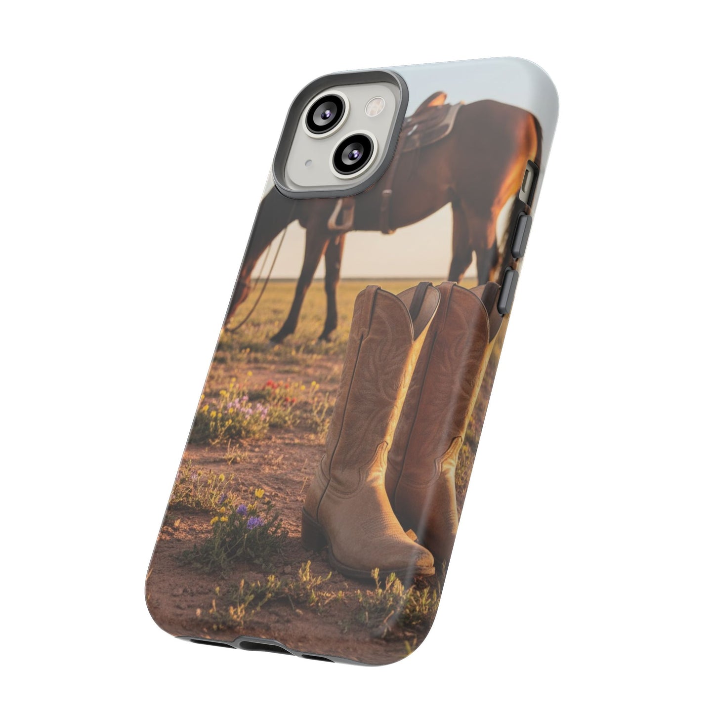 Western Cowboy Boots Phone Case – Rustic Horse Sunset Tough Case (iPhone, Samsung, Pixel)