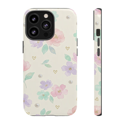 Pastel Floral Phone Case – Coquette Watercolor Flower Hearts Tough Case (iPhone, Samsung, Pixel)