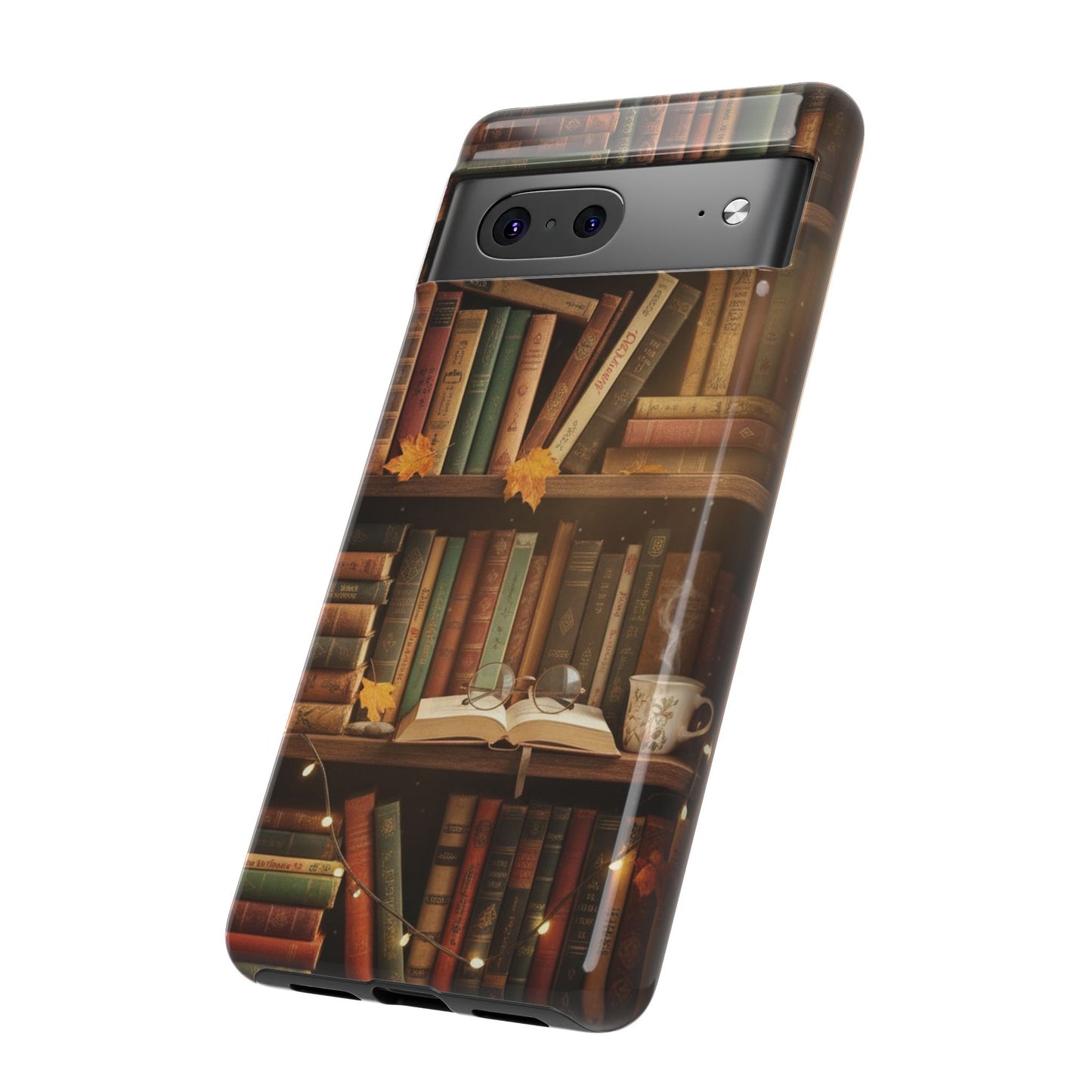 Cozy Vintage Bookshelf Phone Case, Library Aesthetic Book Stack, Autumn Coffee Vibes (iPhone, Samsung, Pixel)