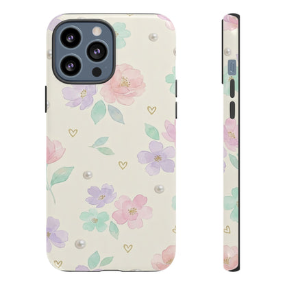 Pastel Floral Phone Case – Coquette Watercolor Flower Hearts Tough Case (iPhone, Samsung, Pixel)